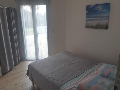 1 dormitorio con 1 cama con una foto en la pared en Chez Lionel & Mathéis , joignable au zéro6trente53cinquante60, en Biscarrosse