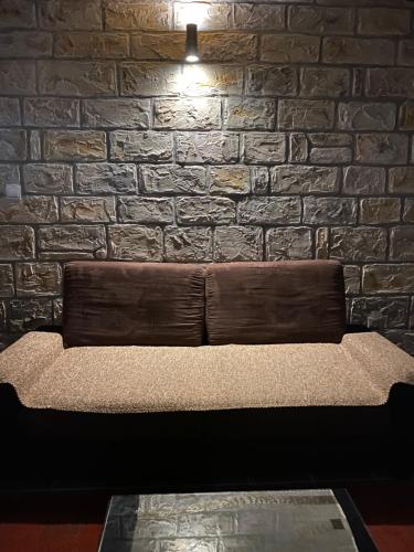a couch sitting in front of a brick wall at Skadar Lake Apartment Nikola I in Virpazar