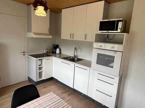 a small kitchen with a sink and a microwave at Black Valley apartment in Þóroddsstaðir