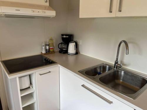 a kitchen with a sink and a counter top at Black Valley apartment in Þóroddsstaðir