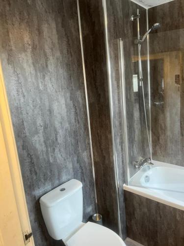 ein Bad mit einem WC, einer Dusche und einem Waschbecken in der Unterkunft Cosy Widnes Home in Widnes