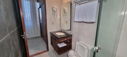 a bathroom with a sink and a toilet and a shower at Hotel Maywa in Santa Cruz de la Sierra