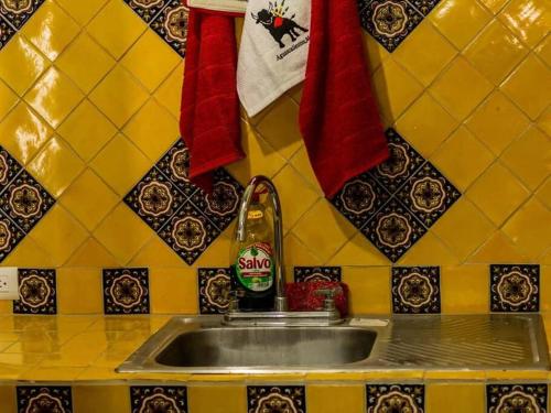 阿瓜斯卡連特斯的住宿－casita plaza de toros，厨房水槽配有一瓶可乐和毛巾
