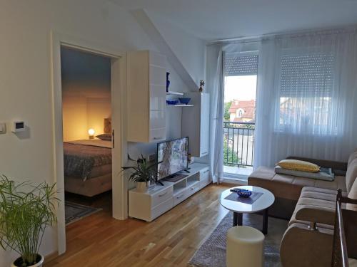 Una sala de estar con un sofá y un televisor. en Lada, en Pasuljište