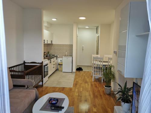 Una sala de estar con un sofá y una cocina. en Lada, en Pasuljište