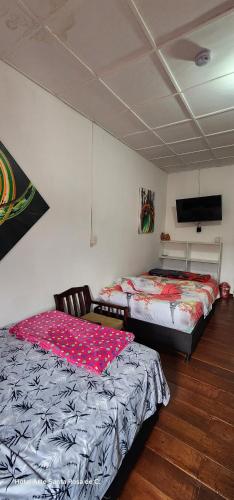 two beds sitting next to each other in a room at Hotel Arte Santa Rosa in Santa Rosa de Cabal