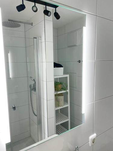 a shower with a mirror in a bathroom at Penthouse - Zentral und Genial in Passau