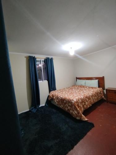 a bedroom with a bed with blue curtains in it at Casa Rosa Hostel in Santiago