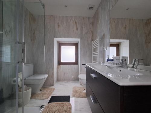 a bathroom with a sink and a toilet and a shower at Quinta de São Martinho - Visconde do Penedo in Caniçada