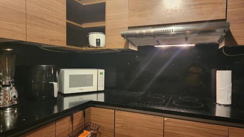 uma cozinha com um fogão e um micro-ondas em Apartamento Granat cerca del aeropuerto y la zona cultural y gastronómica em Guatemala