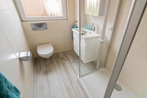 een badkamer met een douche, een toilet en een wastafel bij Fewo-Mientje-2-Haustiere-erlaubt-WLAN-kostenlos in Norddeich