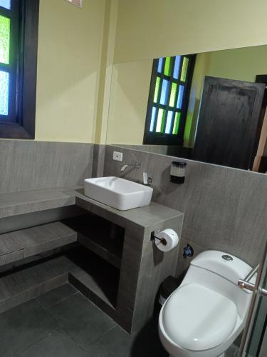 a bathroom with a white toilet and a sink at Hotel Campestre Los Mangos in Quimbaya