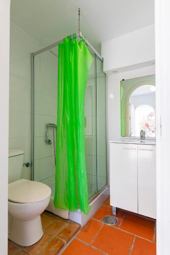 a bathroom with a toilet and a green shower curtain at Cortijo EL CHAMAN LOS ESCULLOS in Almería