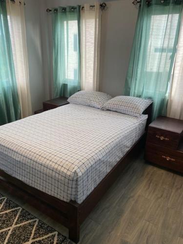 a bedroom with a large bed with blue curtains at Delta Alpha Apartments in Calliste Land Settlement