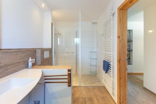 uma casa de banho com um lavatório e um chuveiro em Ferienhof Wisch em Wisch