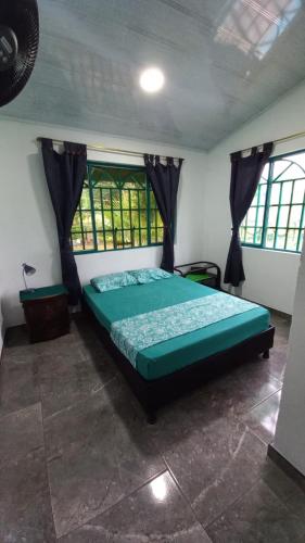 a bedroom with a green bed in a room with windows at Casa campestre Villa sofia in Utica