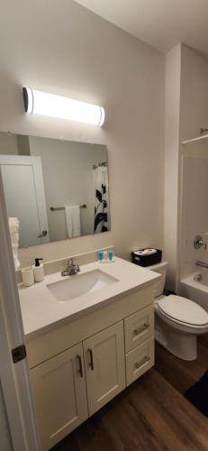 a bathroom with a sink and a toilet and a mirror at Urban Living: Stylish Apts in the Heart of Tacoma in Tacoma