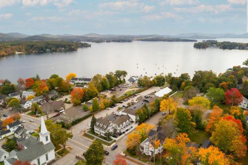 an aerial view of a town next to a lake at Wolfeboro Inn in Wolfeboro