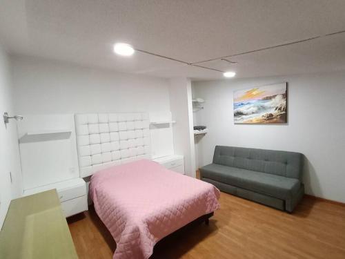 a bedroom with a pink bed and a couch at Loft Santa Rosa in Apizaco