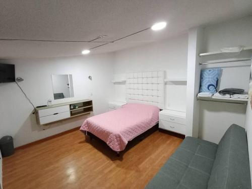 - une chambre avec un lit rose et un canapé dans l'établissement Loft Santa Rosa, à Apizaco