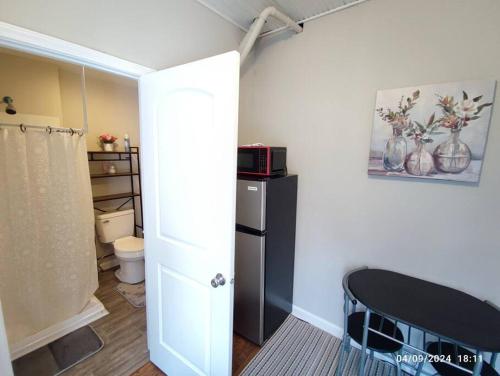 a room with a bathroom with a refrigerator and a toilet at Zen Haven 5- Close to Downtown Indy- Queen Bed in Indianapolis