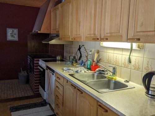 uma cozinha com armários de madeira e um lavatório em Le Paradis Blanc 