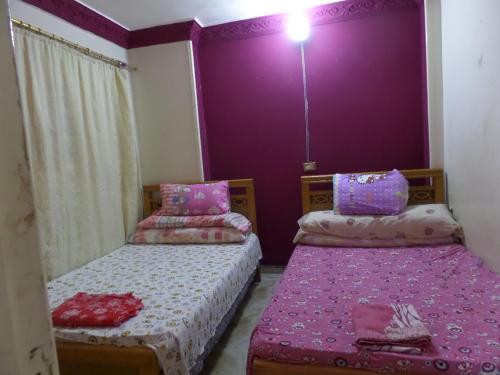 two beds in a room with purple walls at برج بيلو بيتش in Alexandria