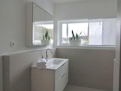 baño blanco con lavabo y 2 ventanas en Holiday Apartment Meier 