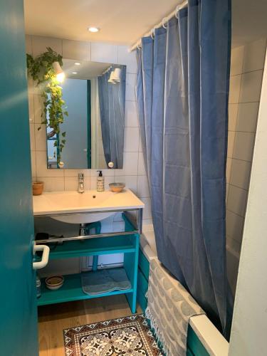 La salle de bains est pourvue d'un rideau de douche bleu et d'un lavabo. dans l'établissement Appartement de charme Centre ville/Halles/quartier haut, à Sète