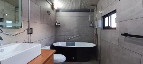 a bathroom with a sink and a tub and a toilet at Casa Tapanco Tepoztlán in Tepoztlán