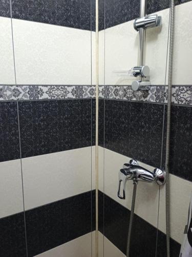 a bathroom with black and white tiles and a shower at NICO-ȘTEF in Vatra Dornei