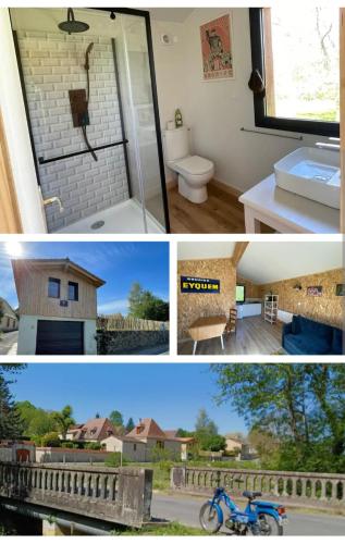 un collage de photos d'une salle de bains et d'une maison dans l'établissement Bienvenue moto vélo lanquais varennes, à Varennes