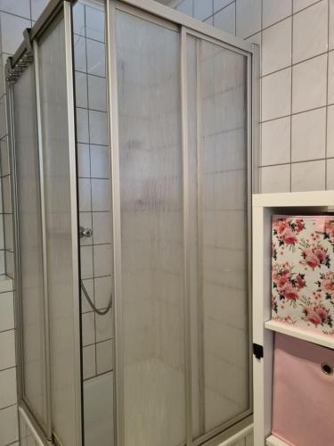 y baño con ducha y puerta de cristal. en Only for Women on Tour en Bingen am Rhein