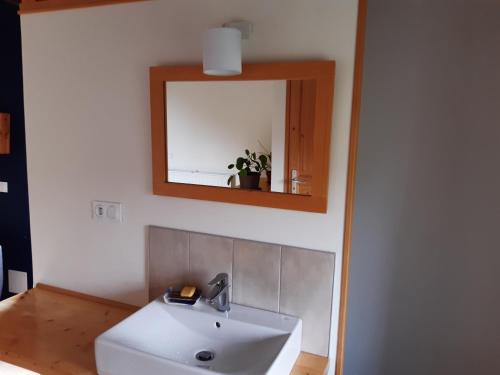 ein Bad mit einem Waschbecken und einem Spiegel in der Unterkunft Cambrassa in Vals-les-Bains