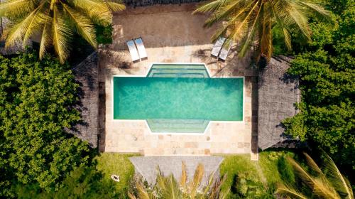 an overhead view of a swimming pool with palm trees at The Cabanas Lamu in Lamu