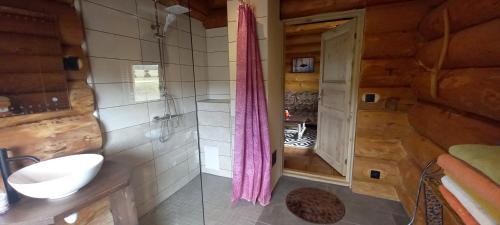W łazience znajduje się prysznic, toaleta i umywalka. w obiekcie Päikseranna Holiday Centre w mieście Nedsaja