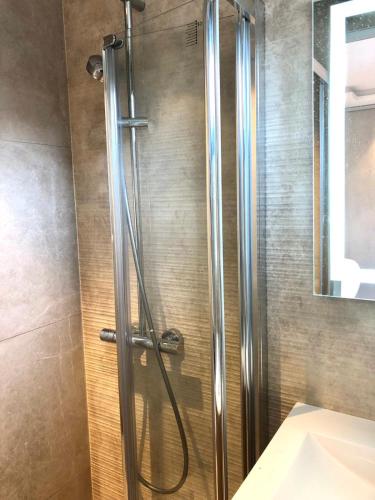 une douche avec une porte vitrée dans une salle de bain dans l'établissement Ref HELV Palmes dProperties, à Cannes