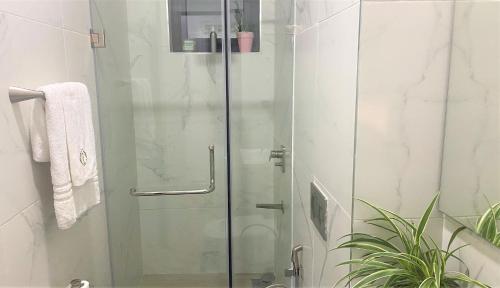 La salle de bains est pourvue d'une douche avec une porte en verre. dans l'établissement Velasani, à Nairobi