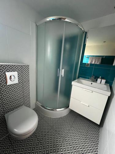 a bathroom with a shower and a toilet and a sink at Baltic Star in Władysławowo