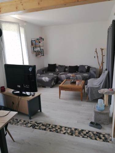 un salon avec un canapé et une télévision dans l'établissement Bougard, à Champagné