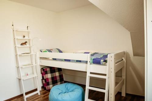 a bunk bed room with two bunk beds and a ladder at Ferienwohnung Hohner Seeblick in Hohn