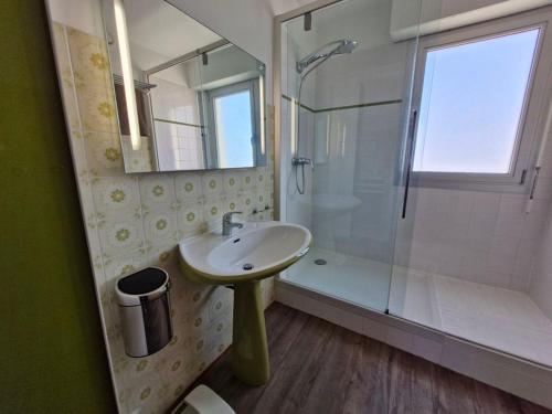 une salle de bain avec un lavabo et une douche dans l'établissement MAGNIFIQUE VUE SUR MER T3 rénové, à Saint-Jean-de-Monts