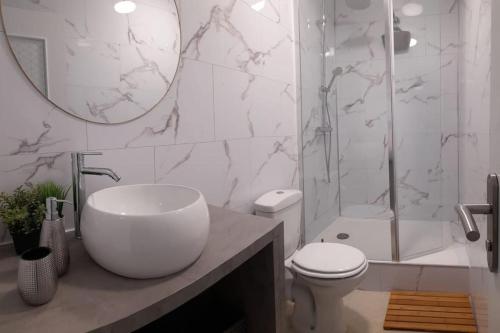 une salle de bain avec un lavabo, des toilettes et un miroir dans l'établissement Face à la Mer, à Port-la-Nouvelle