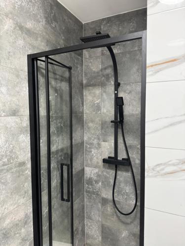 een douche met een douchekop in de badkamer bij Central Apartments Opava in Opava