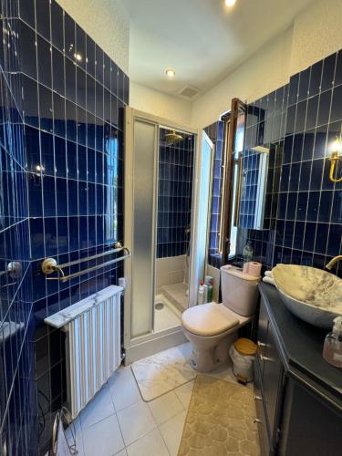 a blue tiled bathroom with a toilet and a shower at Maison Colombage normande in Flers