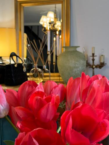a group of red flowers in front of a mirror at Maison Colombage normande in Flers