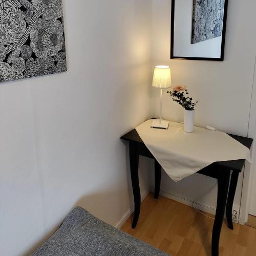 a table with a lamp on it in a room at Ollinpolun matkakoti in Sulkava