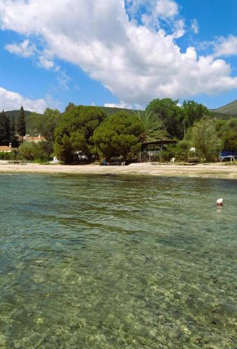 a body of water with a beach and trees at Amalia's Maisonette in Marathos
