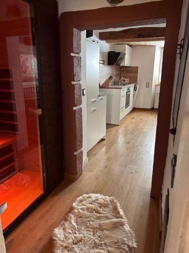 トリーアにあるZehntscheune Trierのキッチンとラグが敷かれた廊下のある部屋