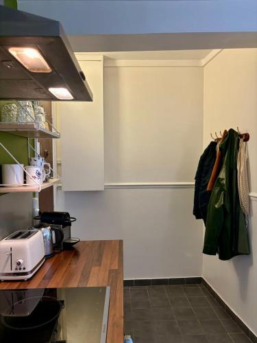 une cuisine avec un comptoir et un plan de travail dans l'établissement Cosy appartement Montmartre, à Paris